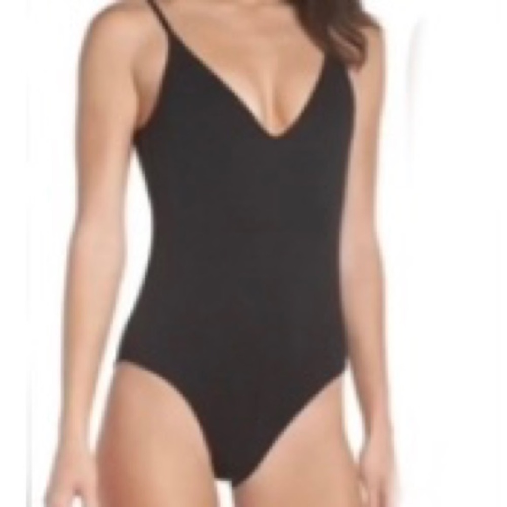 LEITH Black Textured One Piece Swimsuit V Neck Plunge Back Womens Medium